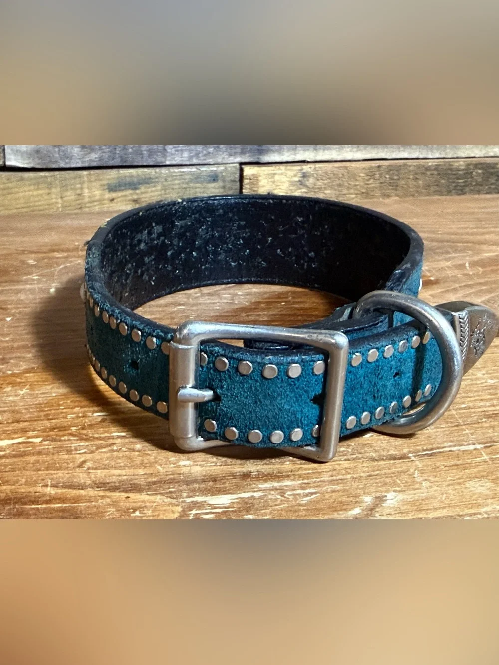Woof Wear Blingy Blue Studded Dog Collar Suede Diamond and Pearl Western Vtg 97